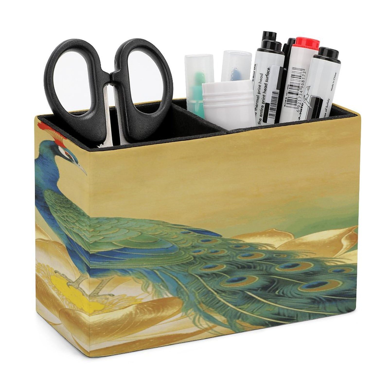 LZQPOEAS Peacock on Golden Lotus Pen Holder Double Compartments Pen Cup Makeup Brush Holders Leather Pencil Holder Locker Organizer for Work Locker Accessories Modern Pencil Cup for Desk