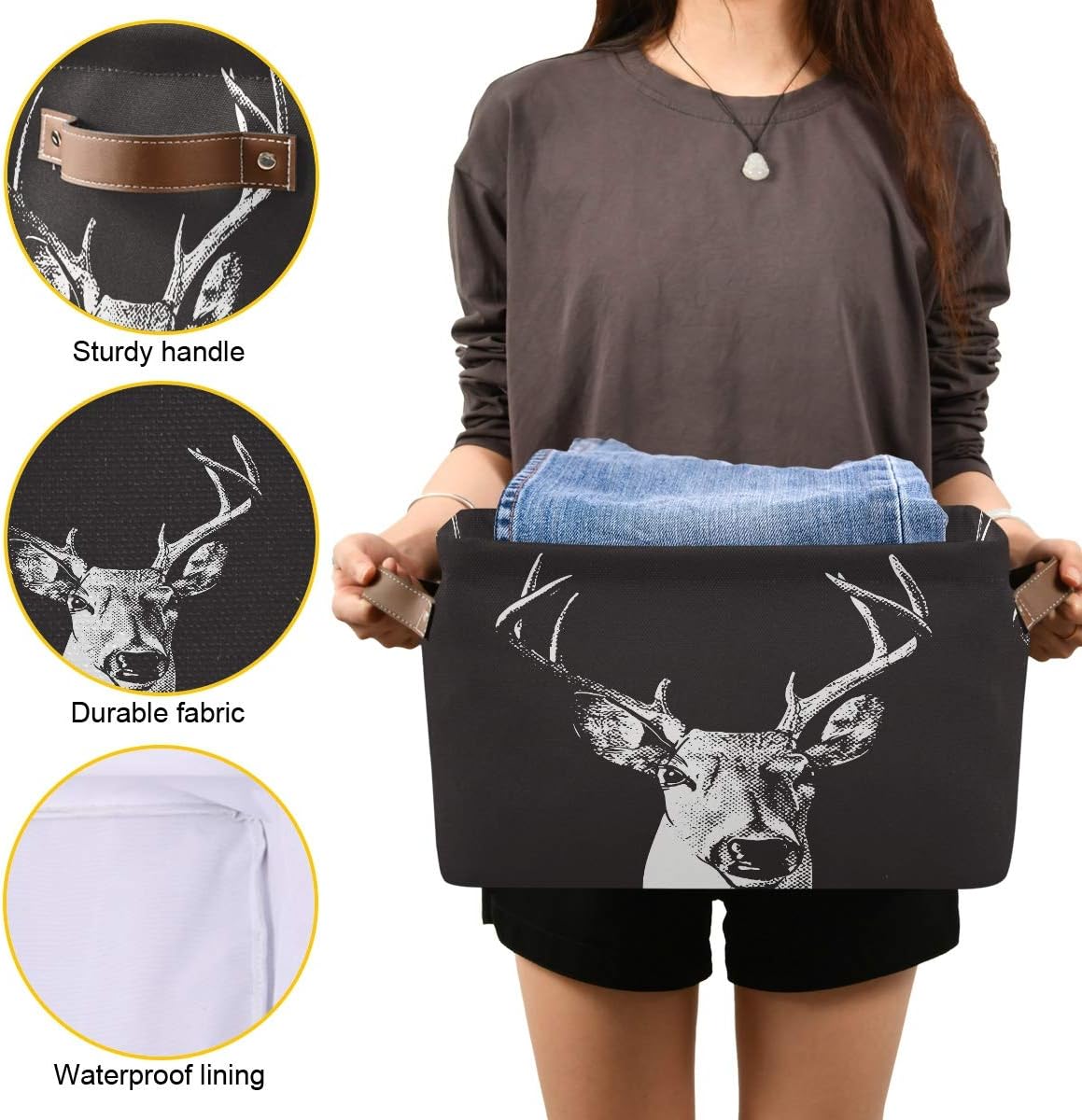 Storage Basket Cube Art Antler Deer Large Collapsible Toys Storage Box Bin Laundry Organizer for Closet Shelf Nursery Kids Bedroom,15x11x9.5 in,1 Pack