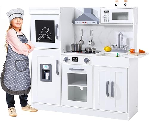 Miniatura 1 de Cocina de madera para niños  Juego de cocina de juego de simulación con microondas, horno, fregadero, máquina de hielo, luces y sonidos reales, 20