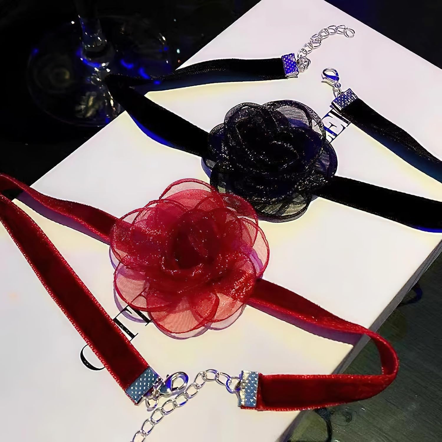 2 Pcs Camellia Flower Necklace, Velvet Black Red Dark Choker Collarbone Chain, Lolita Sexy Rose Collar Neck Chain, Adjustable Soft Bridal Wedding Halloween Party Neck Jewelry for Women - Image 4