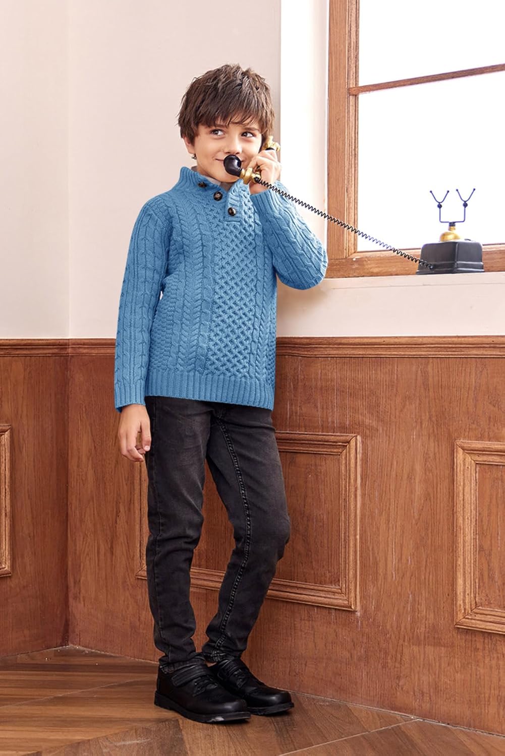 Makkrom Kids and Boys Mock Neck Pullover Sweater Long Sleeve Button Cable Knitted Jumper - Image 4