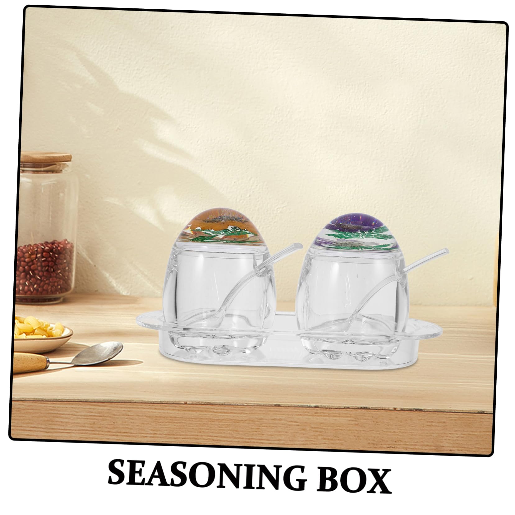 Boîte à Épices Transparente Couvercle Floral et Cuillère, Pot à Condiments en Acrylique, Lot de 2 Set, Accessoire Multifonction Cuisine, Rangement Compact et Décoratif