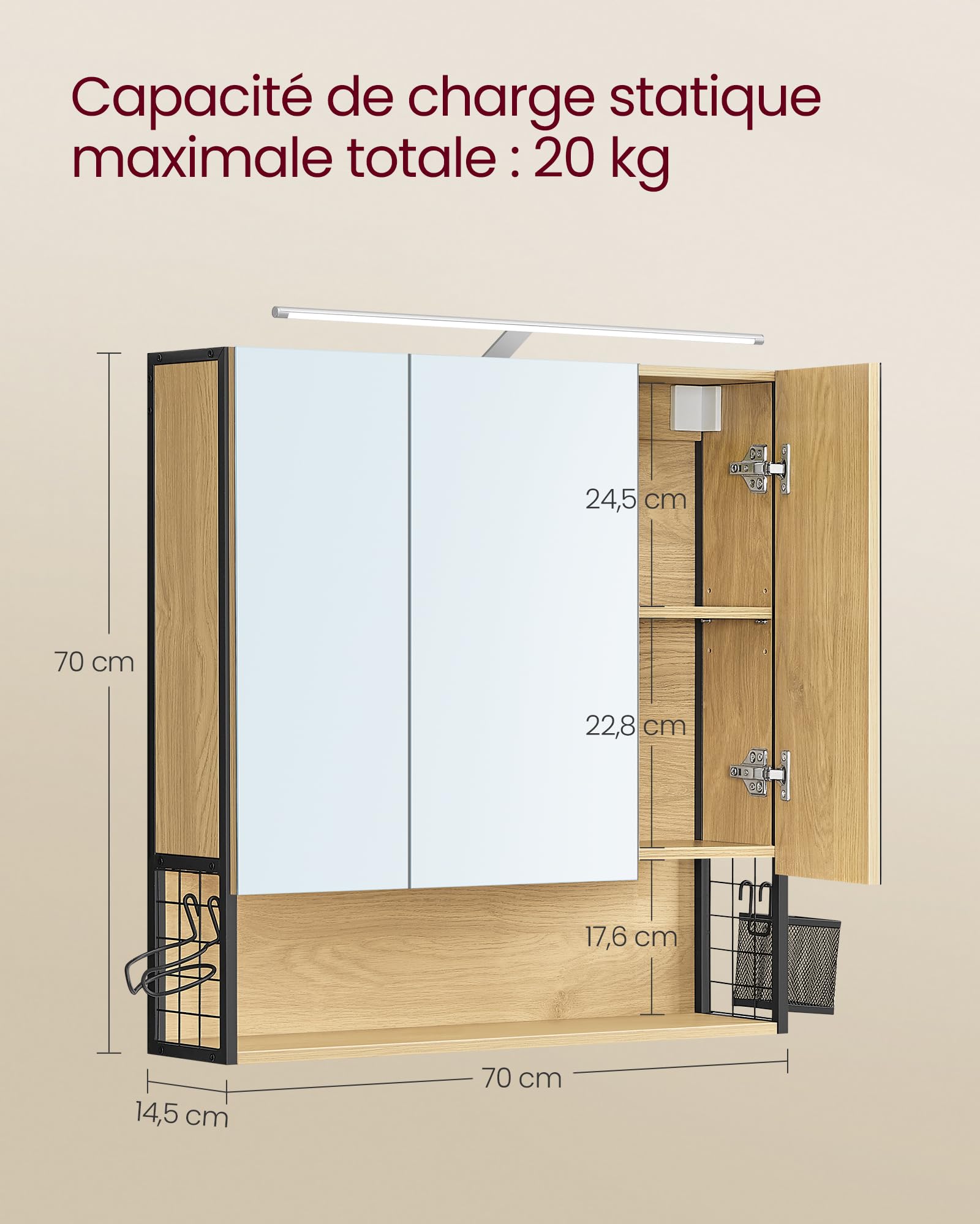 VASAGLE Armoire de Salle de Bain avec éclairage LED, 14,5 x 70 x 70 cm, Miroir 3 Portes, Meuble Mural avec Miroir, Prise, Panier, Support pour sèche-Cheveux, chêne Naturel BBK124Y01