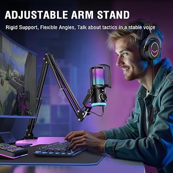 Fifine Gaming Computer Microphone with Boom Arm Set,Streaming USB Desktop Mic with RGB,Mute Button Kit,Metal Microphone Stand with Heavy Duty Clamp,3/8 to 5/8 Adapter for Recording,Studio-AM6+CS1