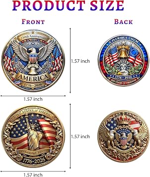 2Pcs America 250th Anniversary Coin 3D Engraved 1776 to 2026 250 Years of Freedom Commemorative Coins American Greatness Coin Gifts for July 4Th Independence Day USA Party D-Day Decoration (Medal)