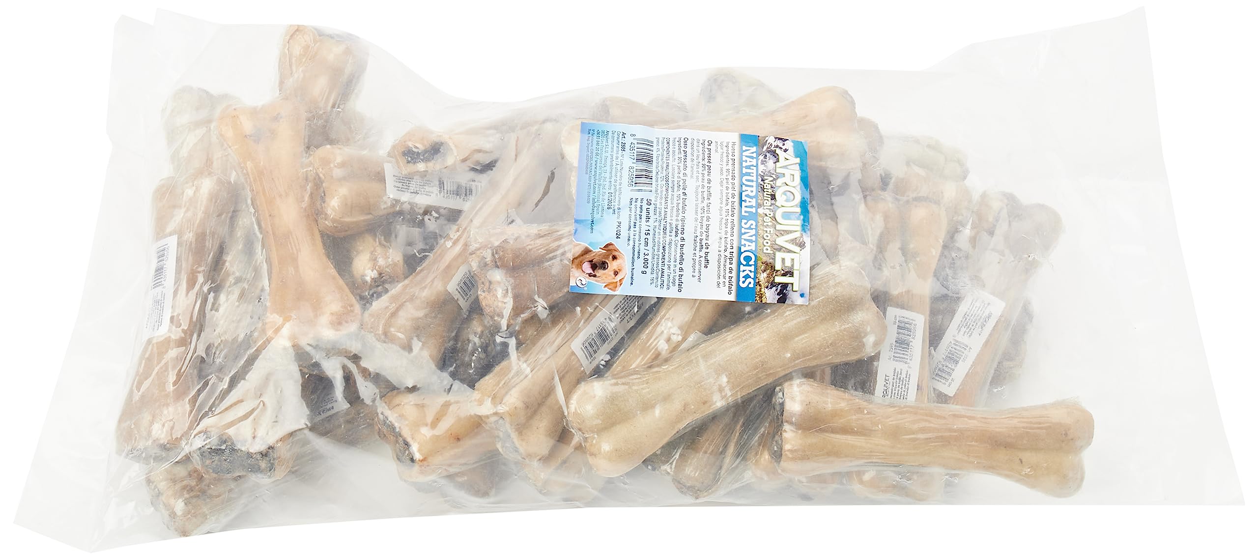 ARQUIVET Hueso prensado Piel de búfalo Relleno con Tripa de búfalo - 15 cm -Bolsa de 50 Unidades - 3.000 g - Snack Natural para Perros
