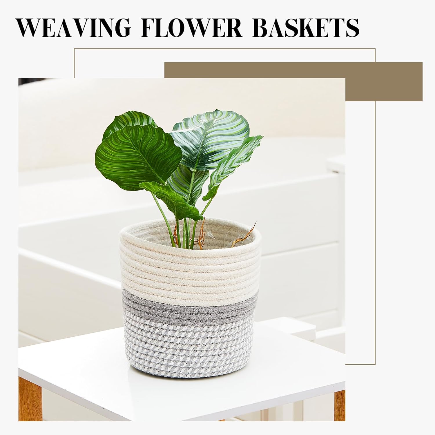 FoldTier 3 Pcs Cotton Rope Plant Basket with Plastic Liner Rustic Plant Basket Planters Modern Woven Decorative Pots for Home Flower Indoor Storage Decor, 7.5 x 6.5 Inches(White, Gray)