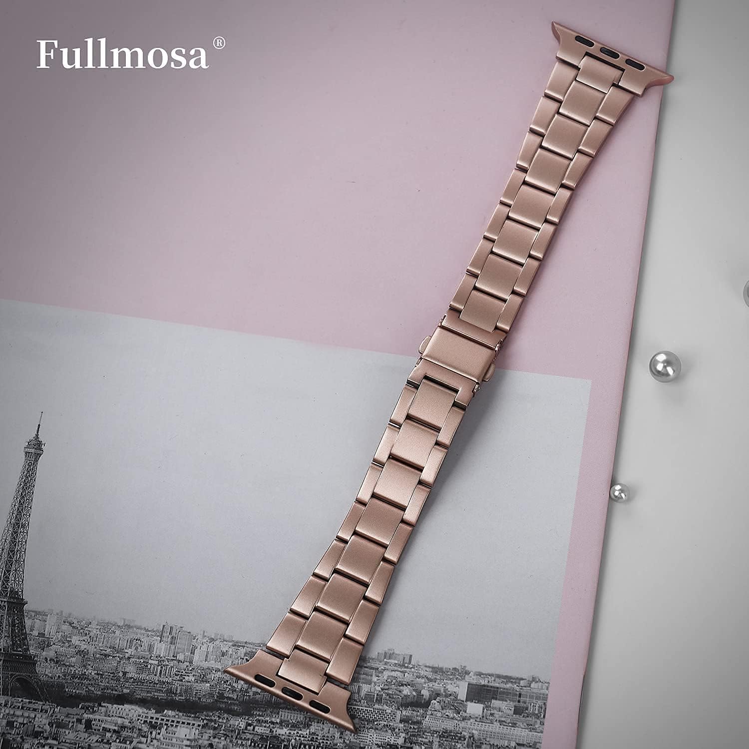 Fullmosa Compatible Apple Watch Band Leather Black 42mm 44mm 45mm with Rose Gold Buckle& Compatible Upgraded Version Stainless Steel iWatch Band/Strap with Case 42mm 44mm 45mm Rose Gold