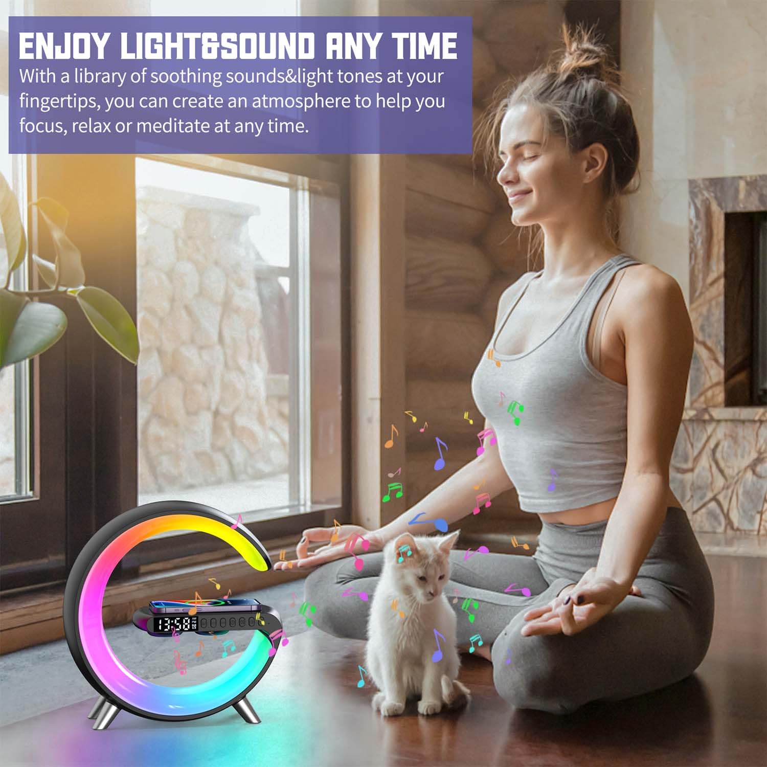 Lampe d'ambiance avec chargeur sans fil, mini haut-parleur sans fil avec réveil, haut-parleur Bluetooth avec lumière d'ambiance, lampe de chevet cadeau pour décoration d'intérieur, chambre à coucher