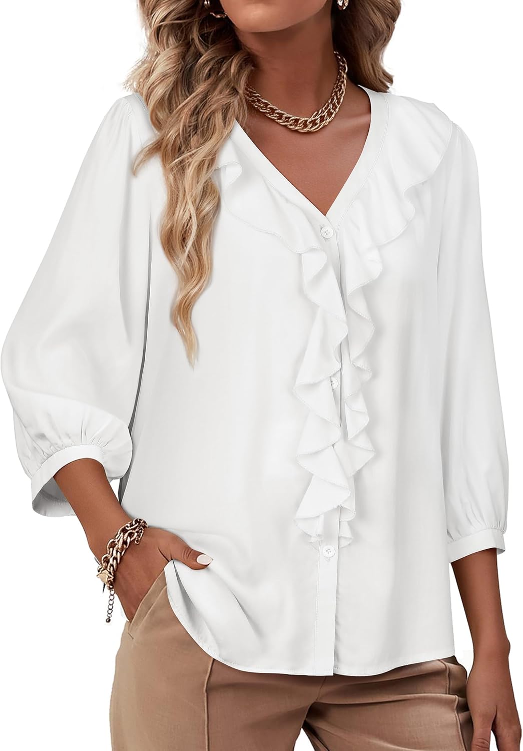 Womens Boho Ruffle V-Neck Blouse 3/4 Puff Sleeve Button Down Tops Business Casual Flowy Office Shirts