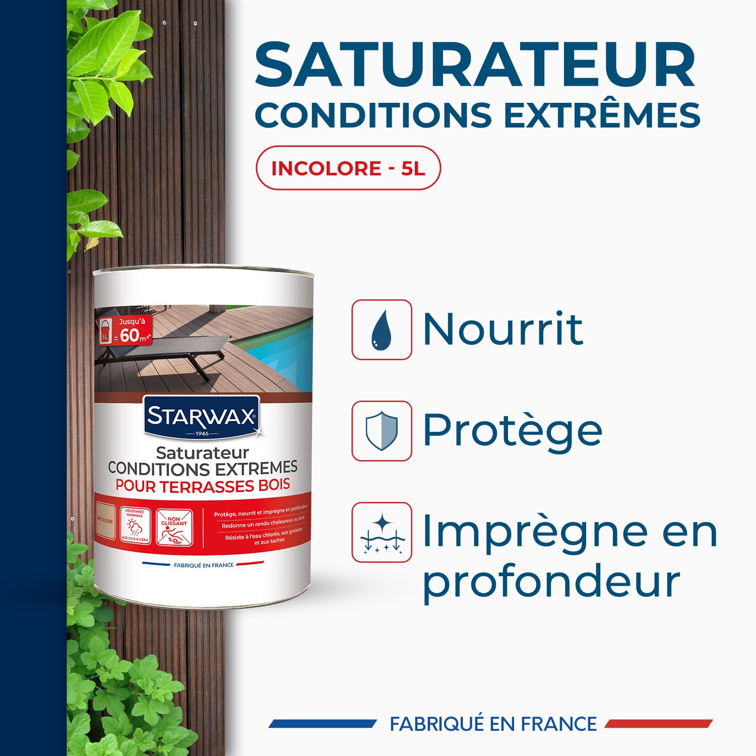 STARWAX Saturateur Bois Extérieur Incolore 5L Conditions Extrêmes UV Intempéries Eau Chlorée