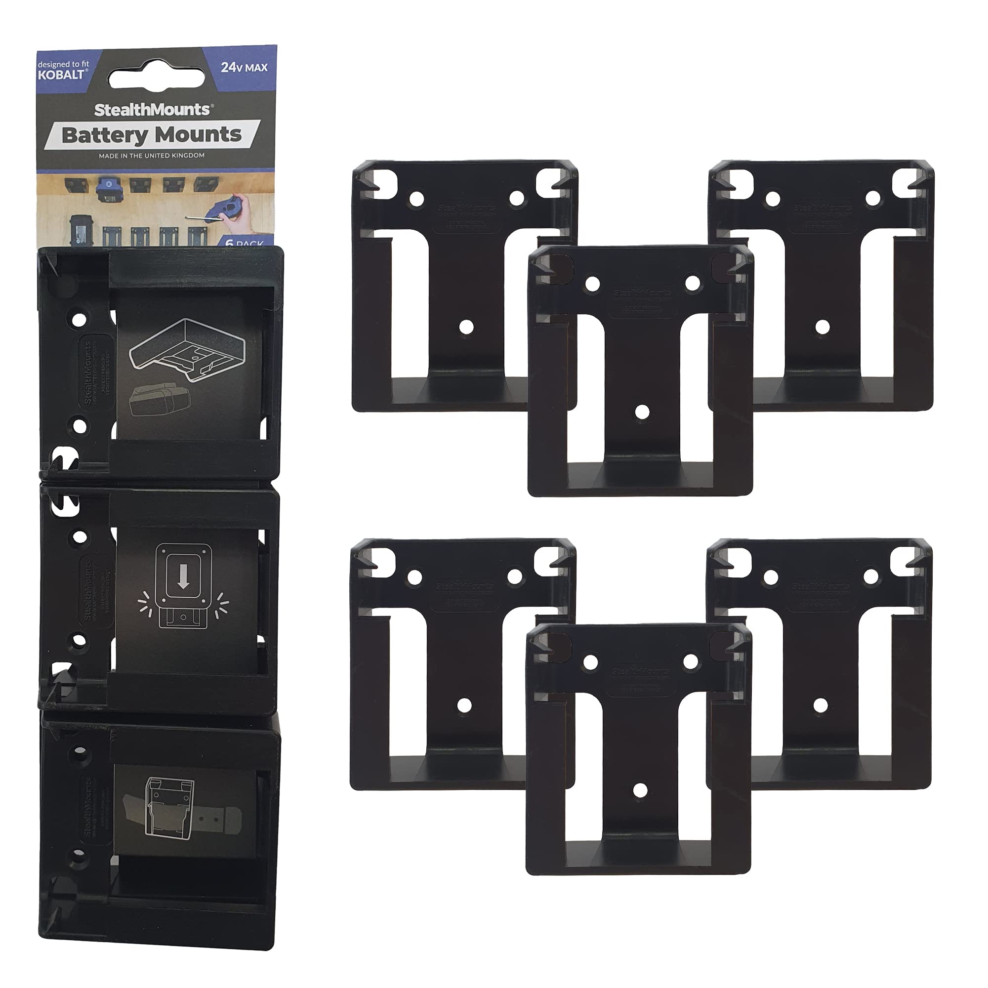 Battery Mounts for Kobalt 24v | Cordless Battery Holders for Kobalt 24v Power Tools | 6 Pack | Black Battery Organisers for Kobalt 24v