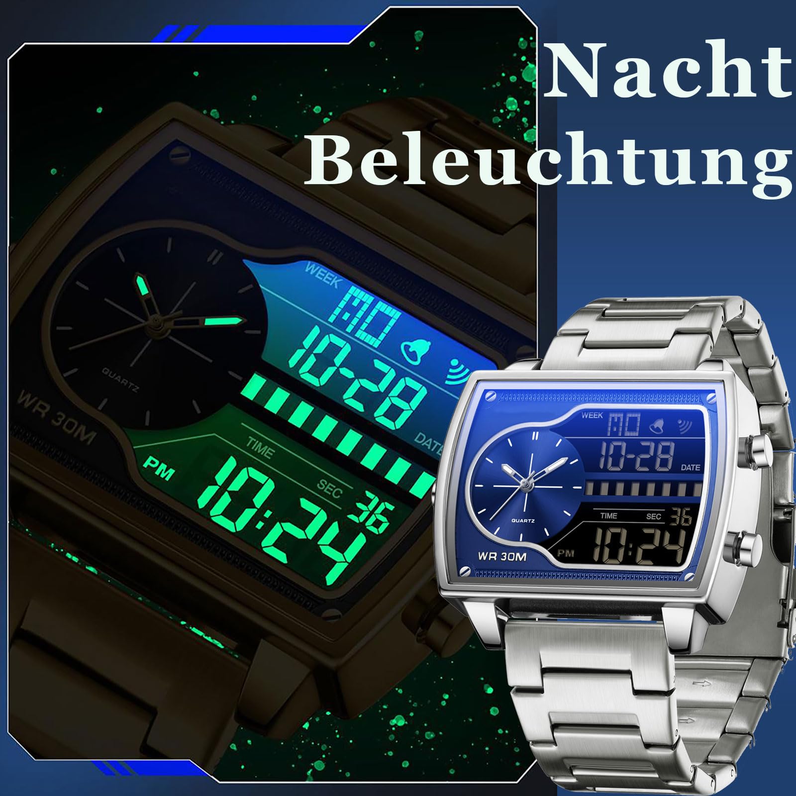 findtime Herrenuhr Rechteckig Retro Luxuriöse Armbanduhr Herren Digital Analog Quarz Klassische Business Leger DREI Zeitzone Wasserdicht Beleuchted Große Zifferblatt für Männer Gold