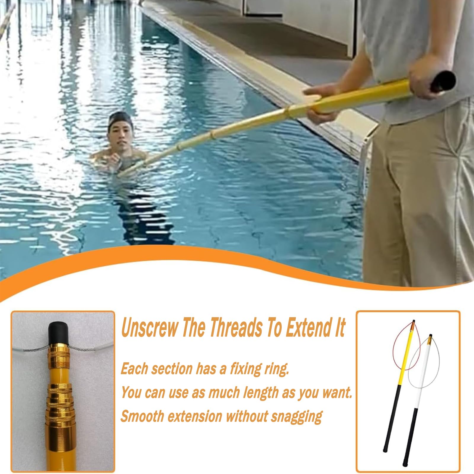 Gancho telescópico de Rescate para Piscinas con pértiga, pértiga Ajustable de Alta Resistencia de 4,9 a 9,1 Metros, Gancho de Seguridad de Fibra de Vidrio para Piscinas, Equipo especializado