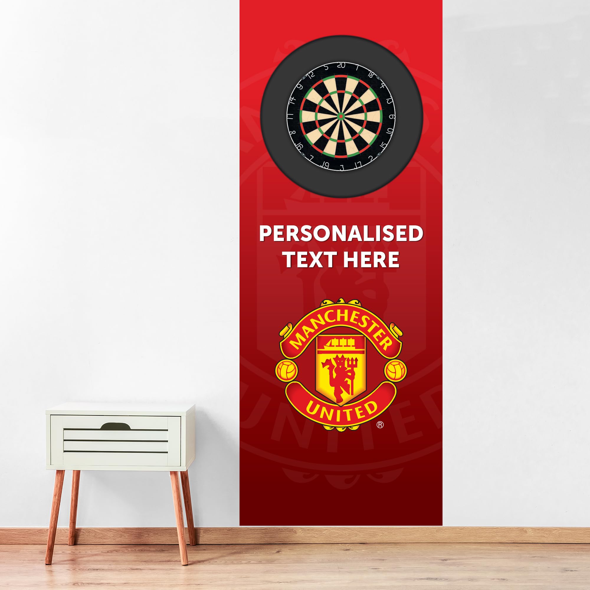 Manchester United FC Wall Sticker - Dart Board Backdrop with Personalised Text Wall Art (180cm Height x 115cm Width)