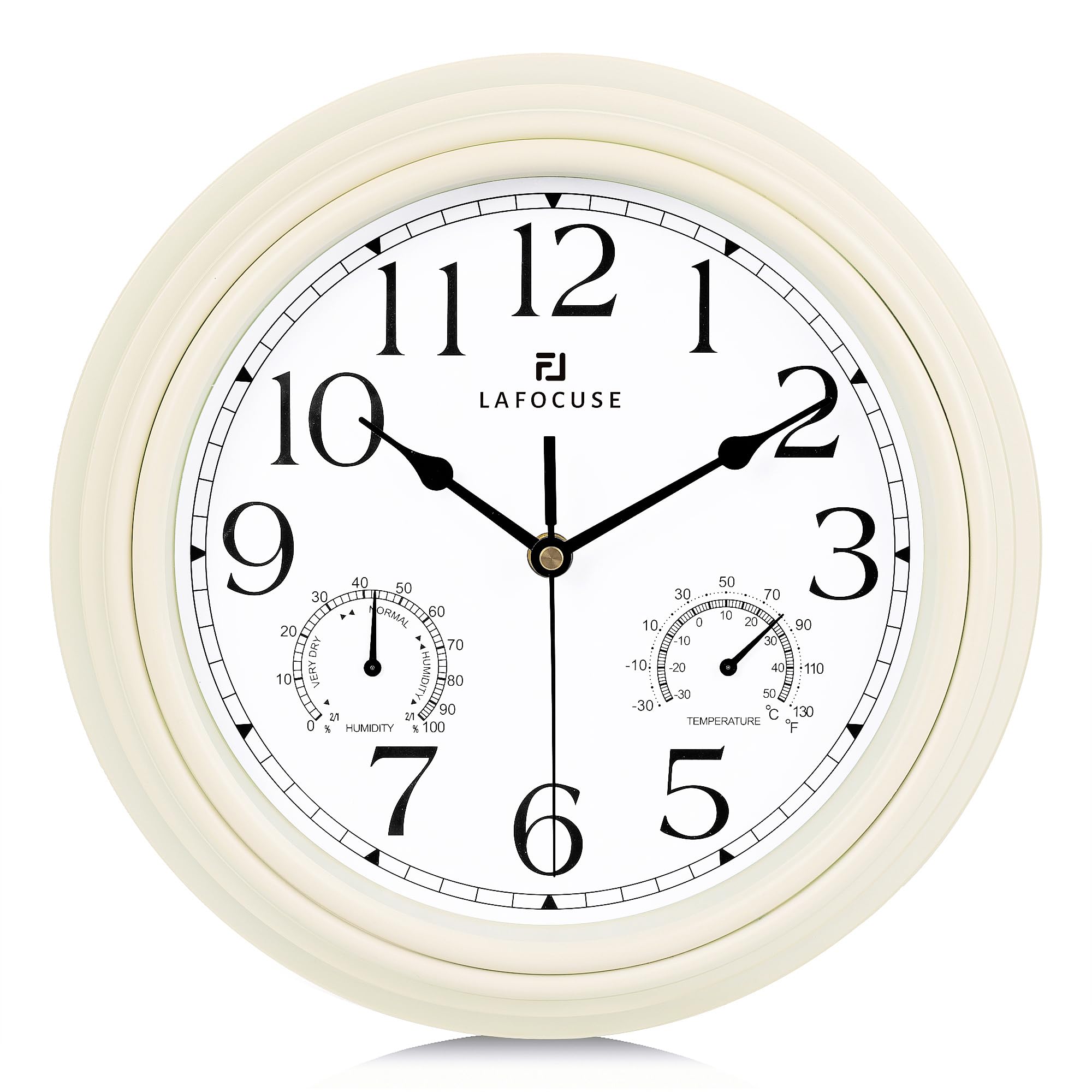 Lafocuse Reloj de Pared con Termómetro e Higrómetro, Silencioso Vintage Blanco Beige, Retro sin Tic TAC para Cocina Salon Porche 30cm