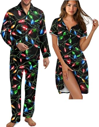 Matching Couples Pajamas Womens Nightgowns Men Lounge Set Long Sleeve Pajama Set Lightweight Sleepwear with Pockets