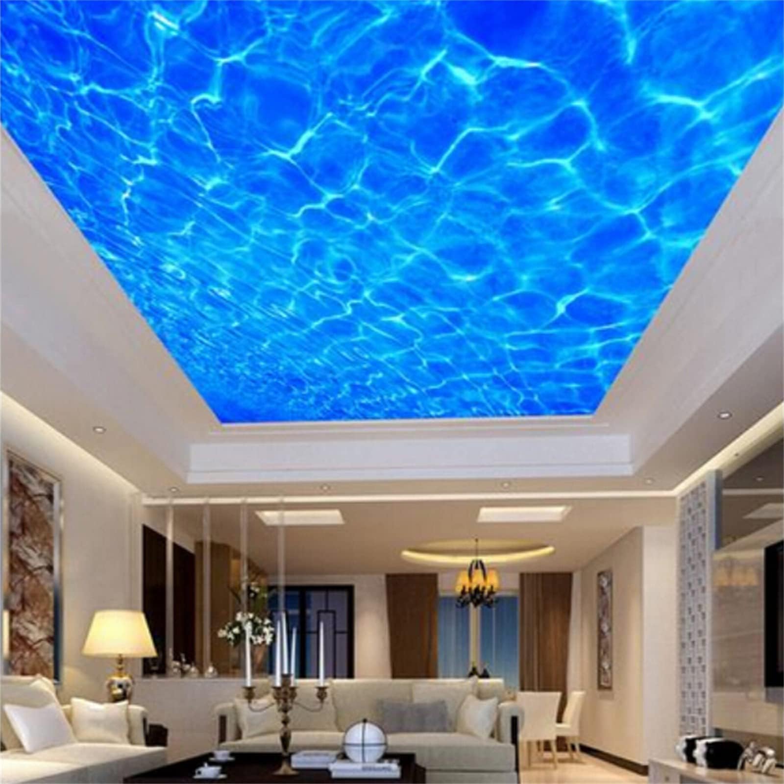 3D Blue Sea Water Ceiling Large Stickers Wall Mural, Removable Wall Mural | Self-Adhesive Wallpaper 3D Mural for Children's Room Dining Bedroom Living Wall Decoration(91" Hx116 W)