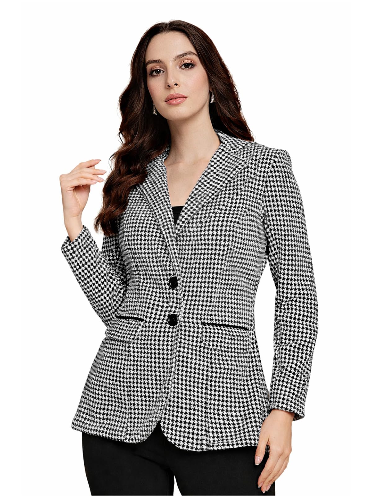 martini women blazer | long | stretchable premium fabric | office wear | houndstooth | power shoulder (black white, s to 2xl)