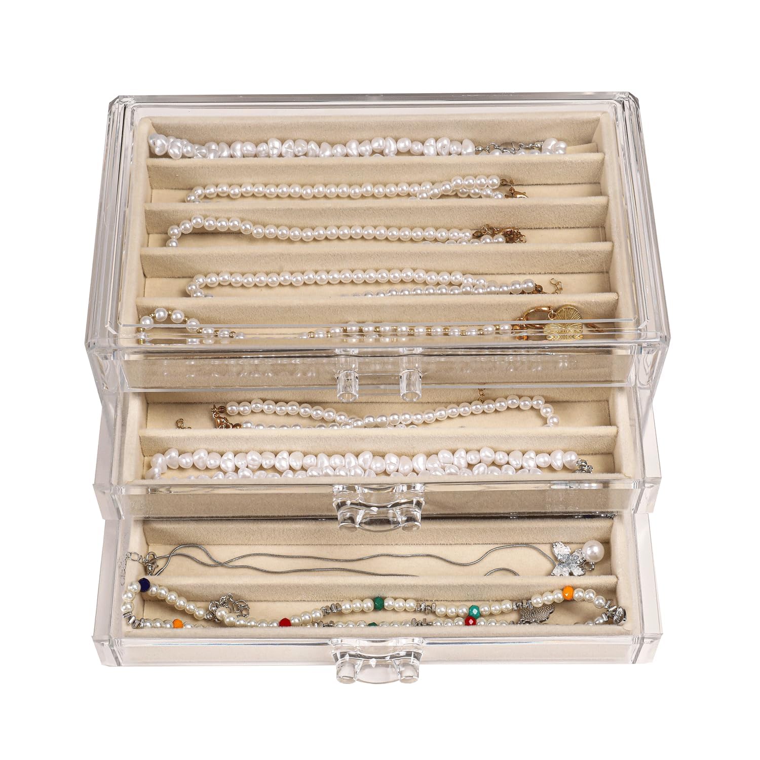 3 Drawers Necklace Organizer Box Tray with DIY Clear Lid Dustproof Velvet Necklaces Holder Storage Display Case Necklace
