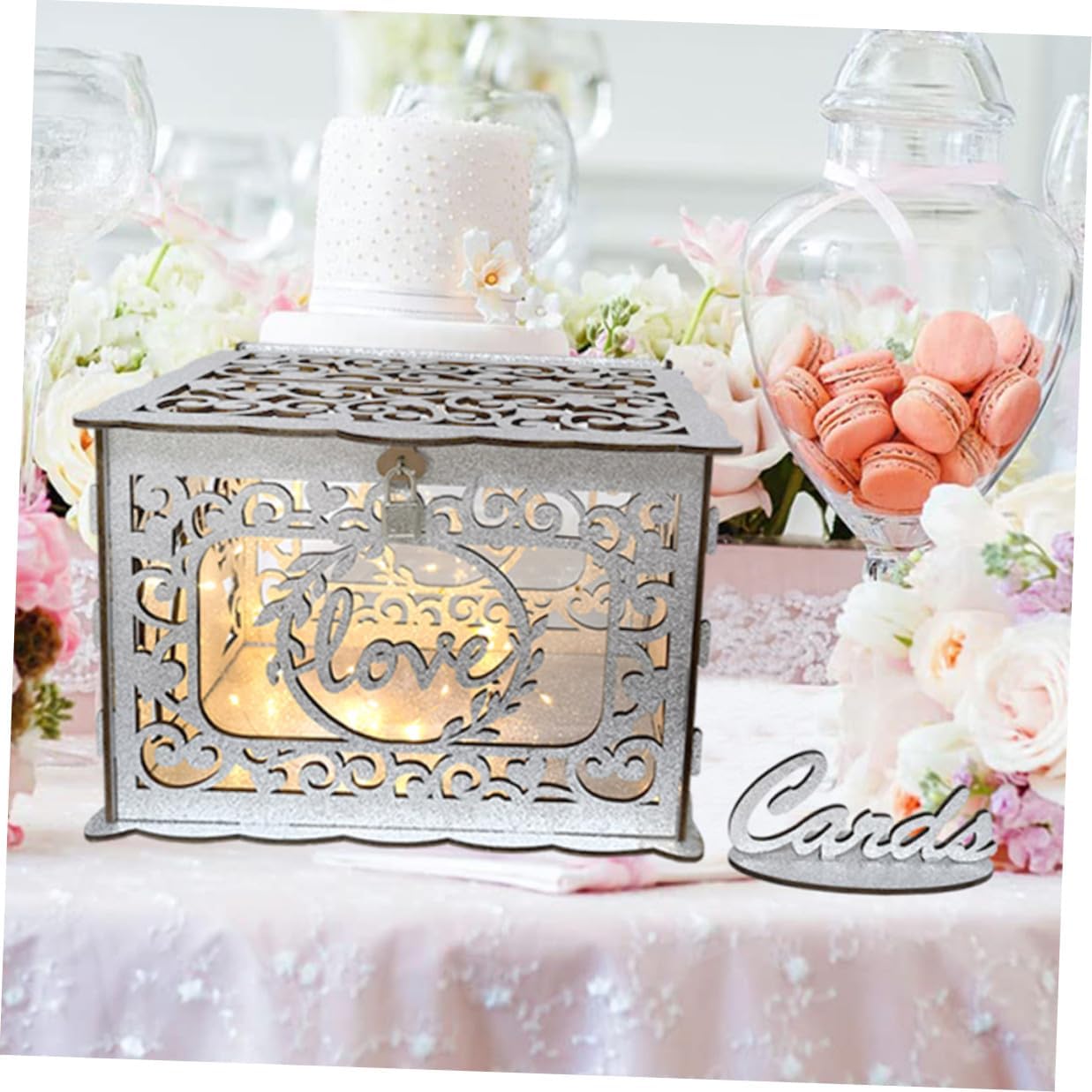 Wood Wedding Card Box Hollow Design Glitter Wood Storage Box for Anniversary and Birthday Reception Greeting Cards Collection