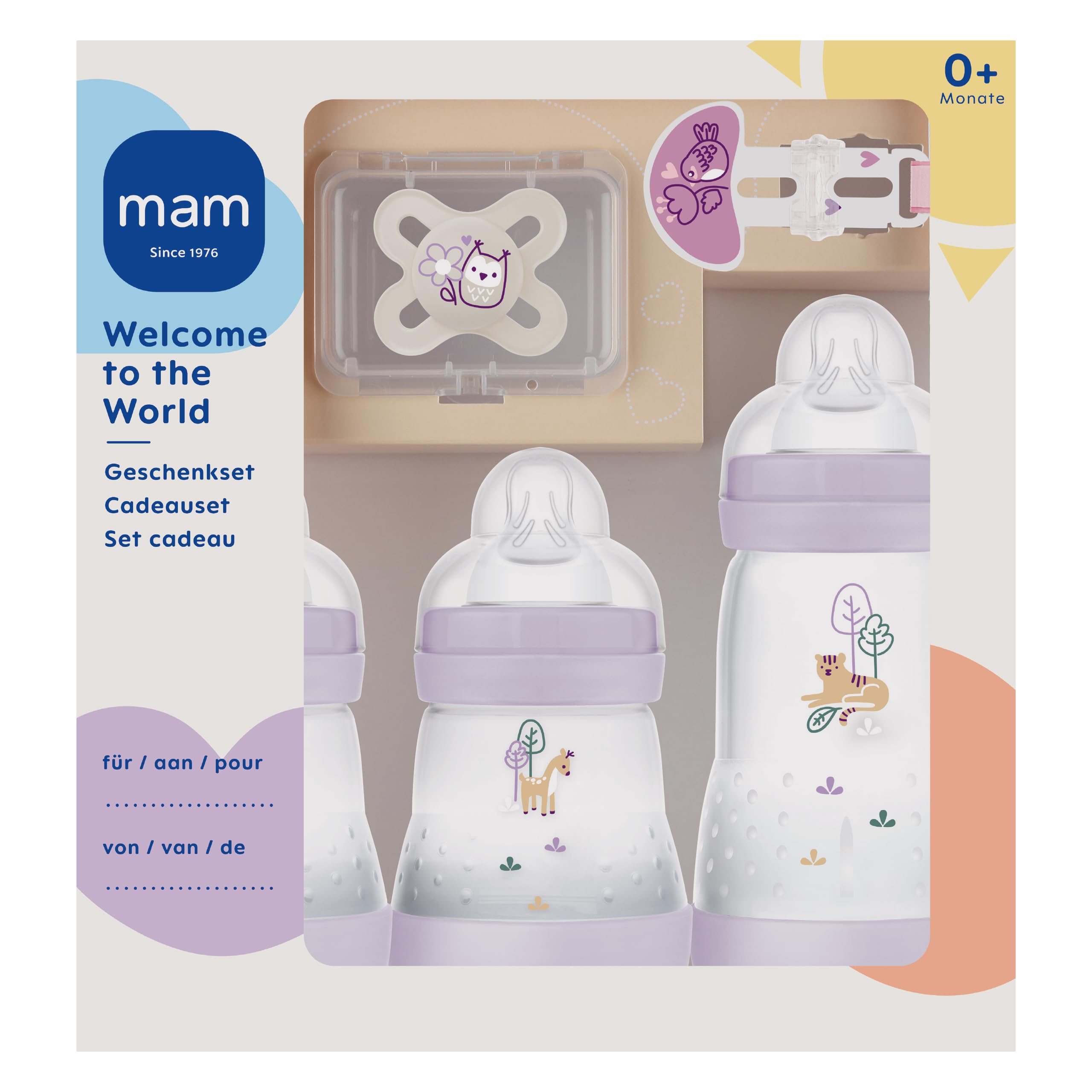 MAM Easy Start Anti-Kolic zestaw powitalny, pierwszy zestaw z 3 butelkami antykolowymi, smoczkiem i opaską na smoczek, zestaw upominkowy dla niemowląt, od urodzenia, fioletowy