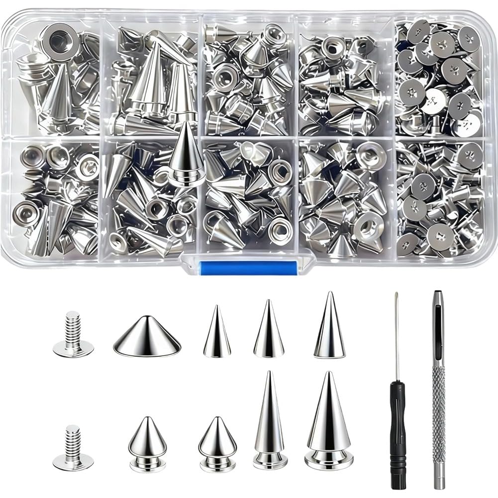 Jnchdghwa As Shown Punk Spikes And Studs Kit 354 Pcs-8 Sizes Cone Metal Tree Spikes Screwback Studs For Diy Leathercraft, Belts