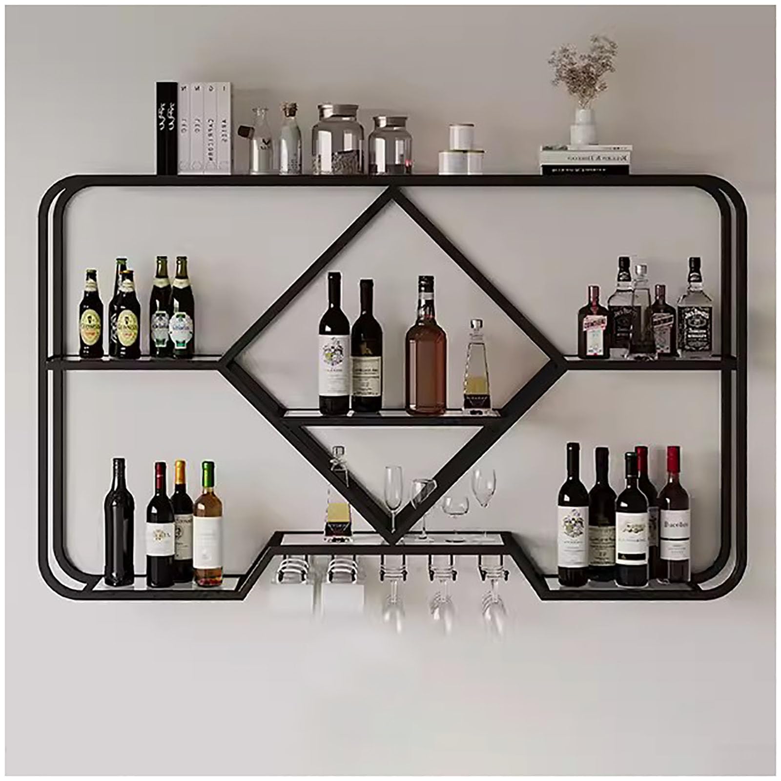 Porte-bouteilles et verres suspendus étagère murale en métal pour bistrot 100cm