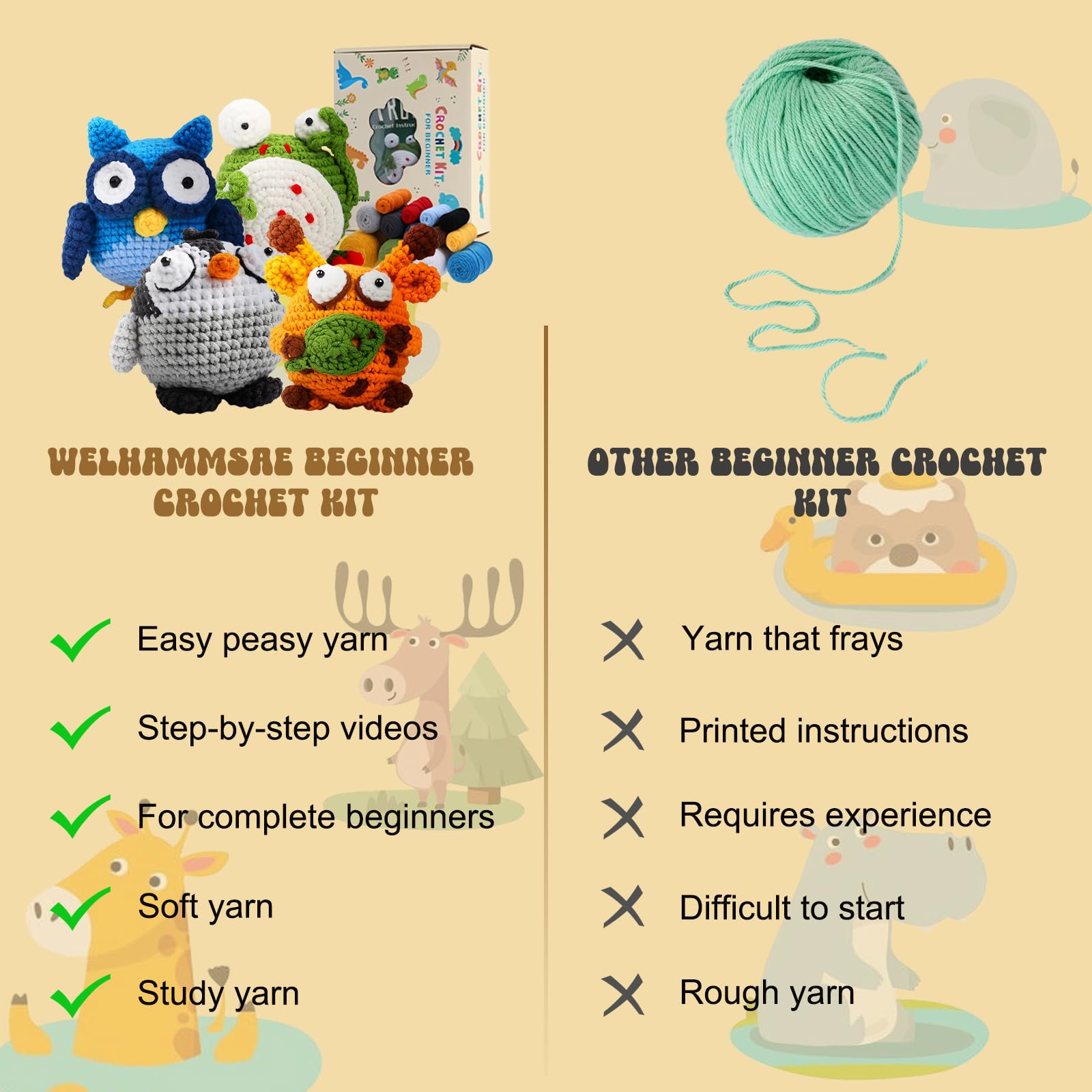 Welhammsae Kit de Ganchillo para Principiantes, Amigurumi Kit de Crochet de Animales para Principiantes con Instrucciones en Video Paso a Paso, DIY Manualidades Set Adultos-Jirafa-Rana-Búho-Pingüino