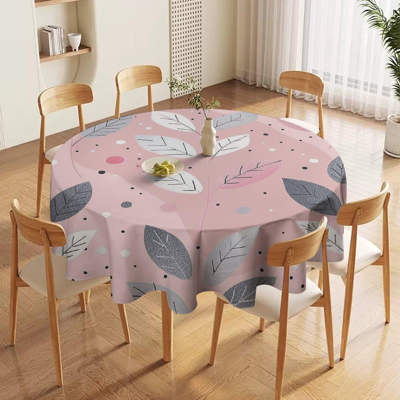 Nappe ronde en tissu imperméable grise à motif feuilles pour repas chaleureux