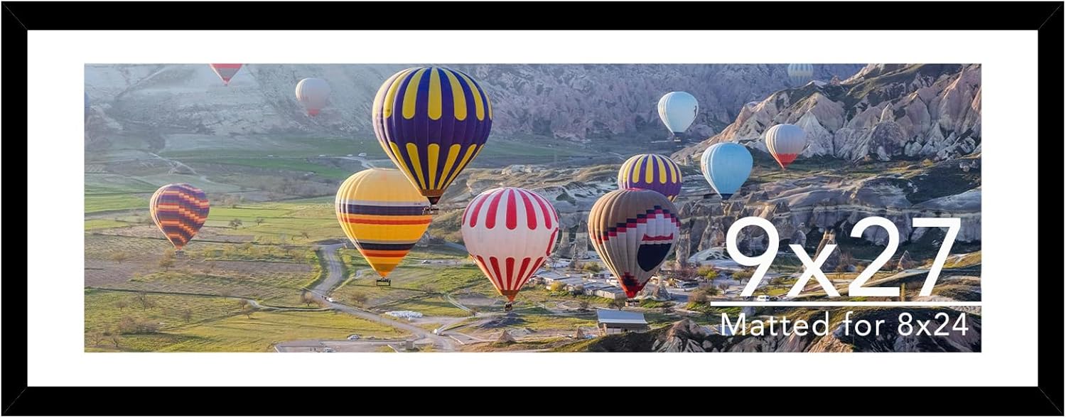 9x27 Picture Frame with 8x24 Mat, Display Photo 8x24 with Mat or 9 x 27 Without Mat, Wall Hanging Large 9 by 27 Poster Frame with Plexiglass, Black Black 9x27 inch