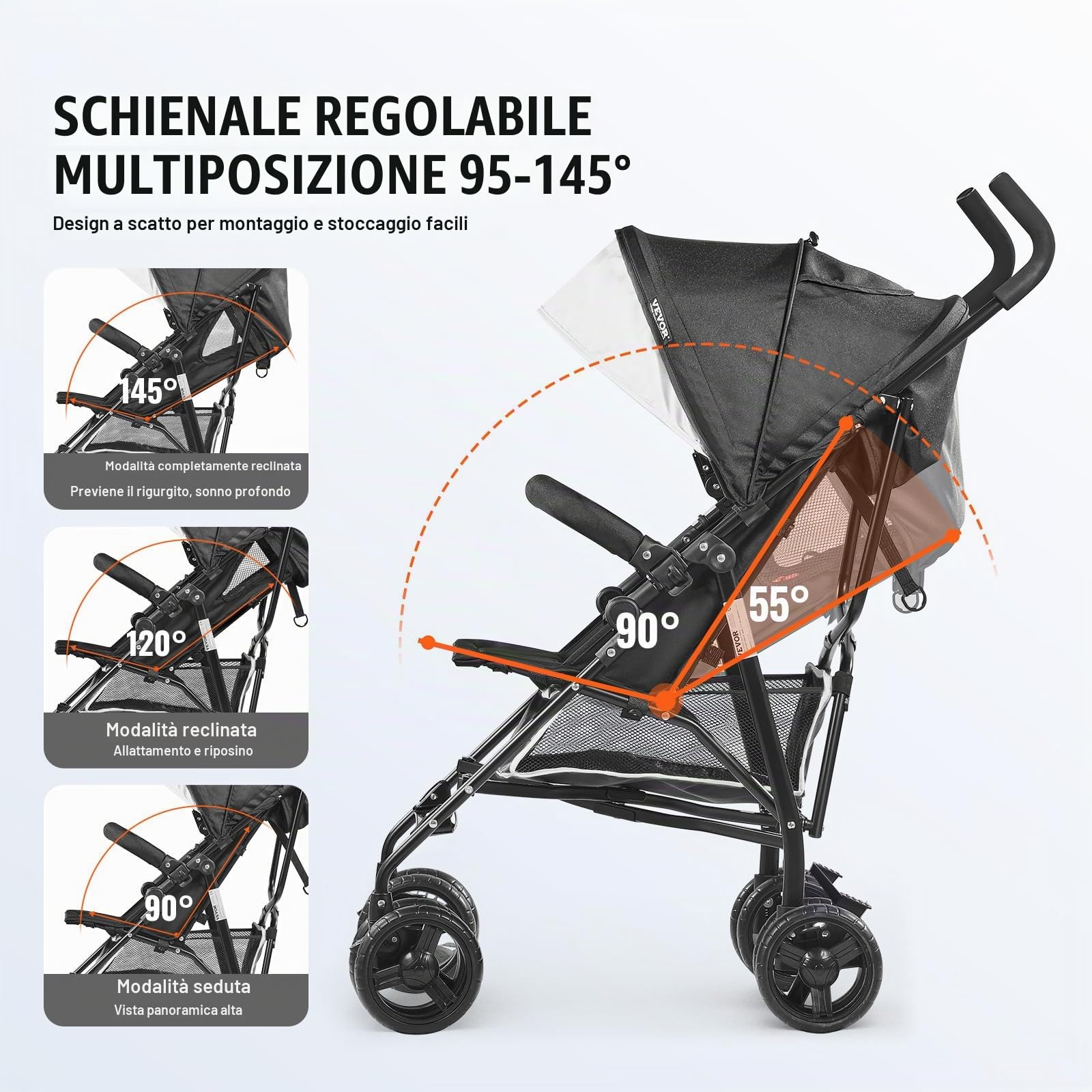 VEVOR Passeggino Leggero, 1170 x 340 x 240 mm Passeggino per Bambini a Ombrello, Schienale Reclinabile Multiposizione, Telaio in Acciaio Carbonio, Ampio Cestino Portaoggetti, per Viaggi, Nero/Bianco