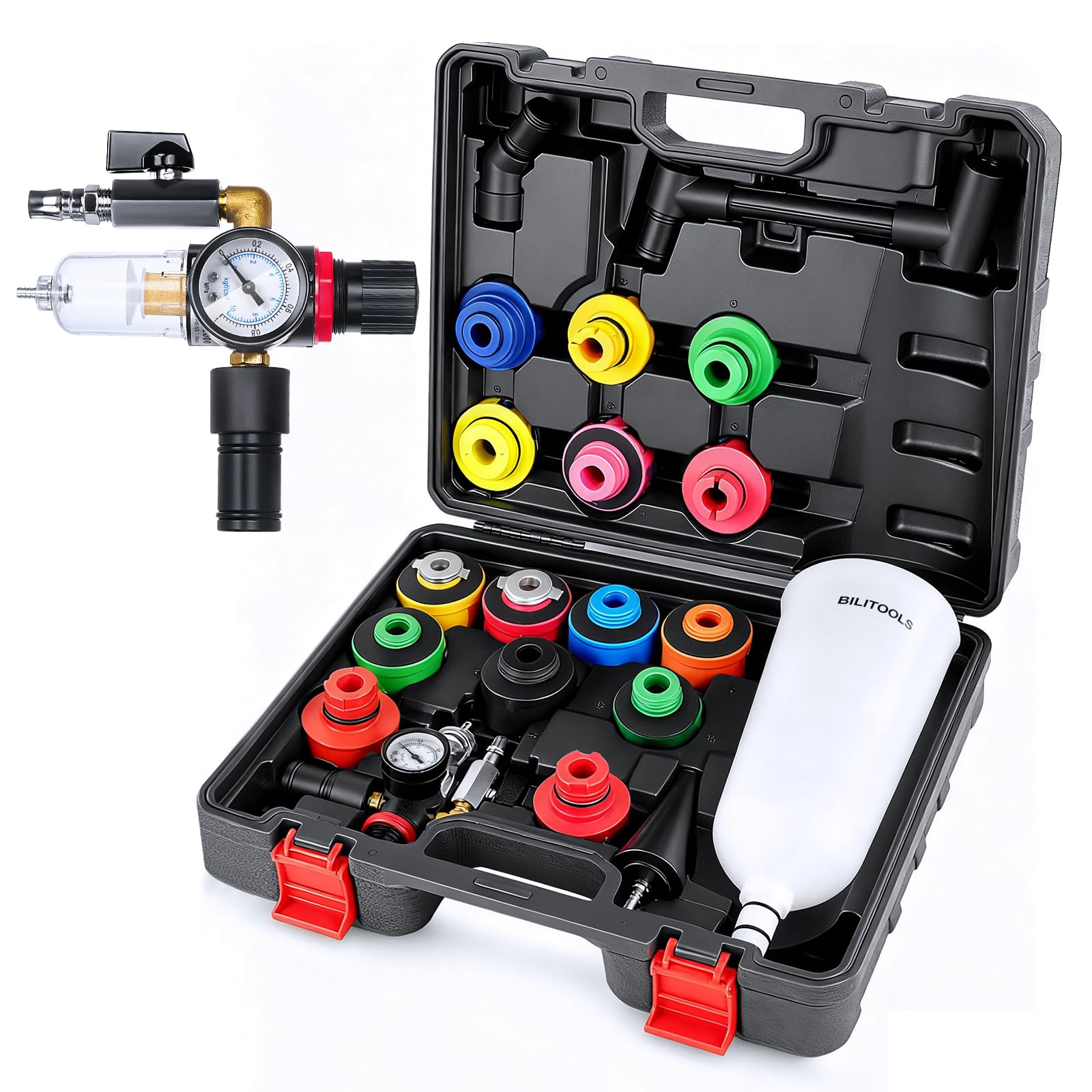 BILITOOLS 20-Piece Oil Funnel Kit for Engine Oil Change, 2.2 QT Automotive Funnel Set with 15 Adapters & Air Filter Regulator, One-Hand Operation, Compatible with GM, VW, Ford, BMW, Audi and More