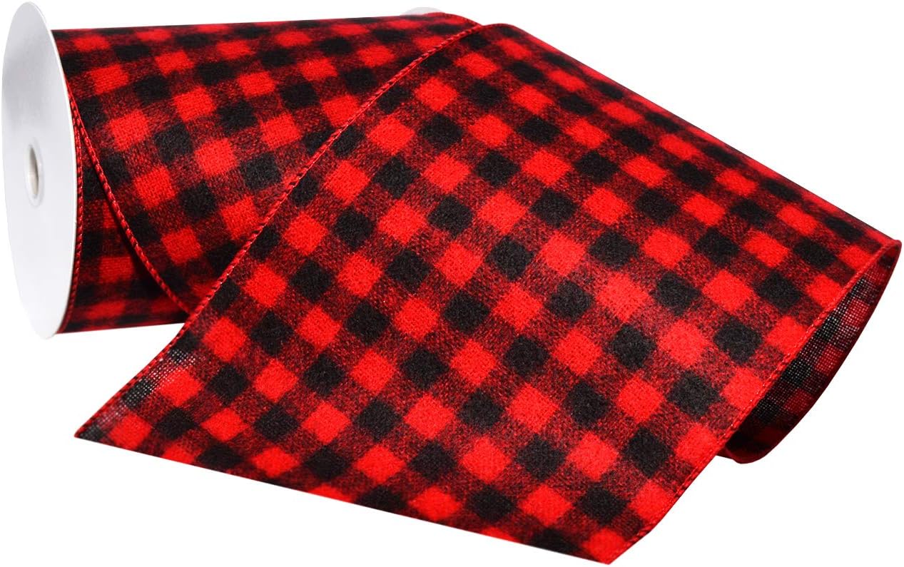 Morex Ribbon Wired Flannel Buffalo Plaid Ribbon, 6 inches by 100 Feet, Red/Black