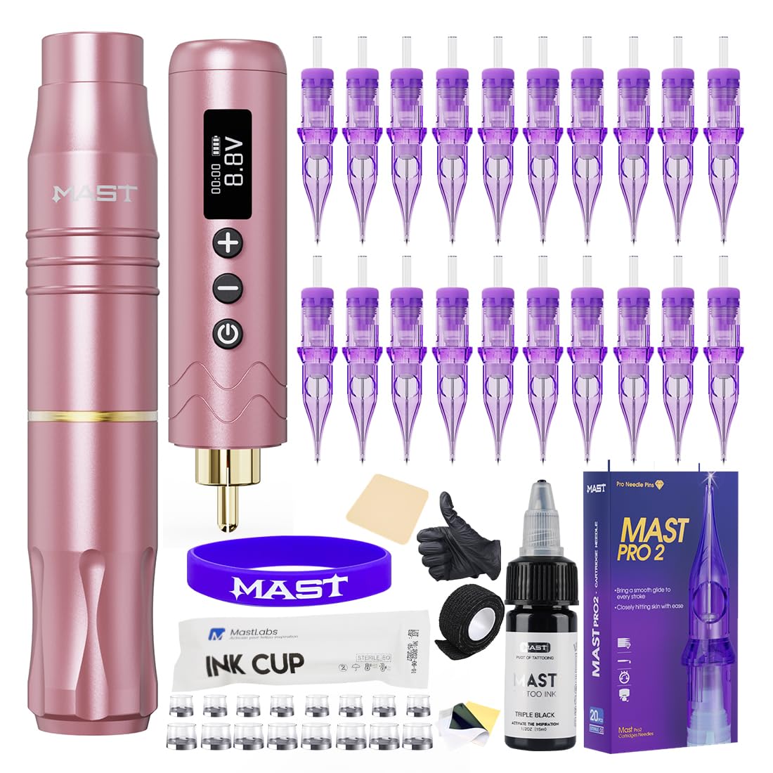 MAST TATTOOGun Kit Tour2 Wireless Tattoo Machine Kit Complete Tattoo Pen Kit Short Pro Tattoo Machine for Beginner Pink Color