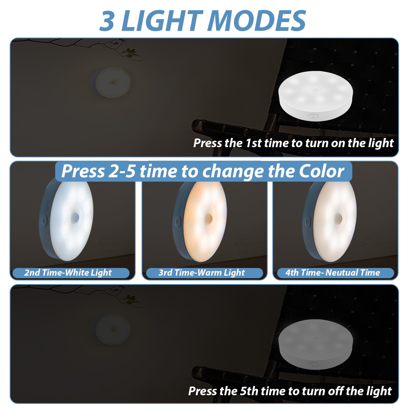 2 Pack Motion Sensor Lights, Night Light Stick on Wall, USB Charging Wireless LED Stair Lights, 3 Modes Wall Lights - Image 3