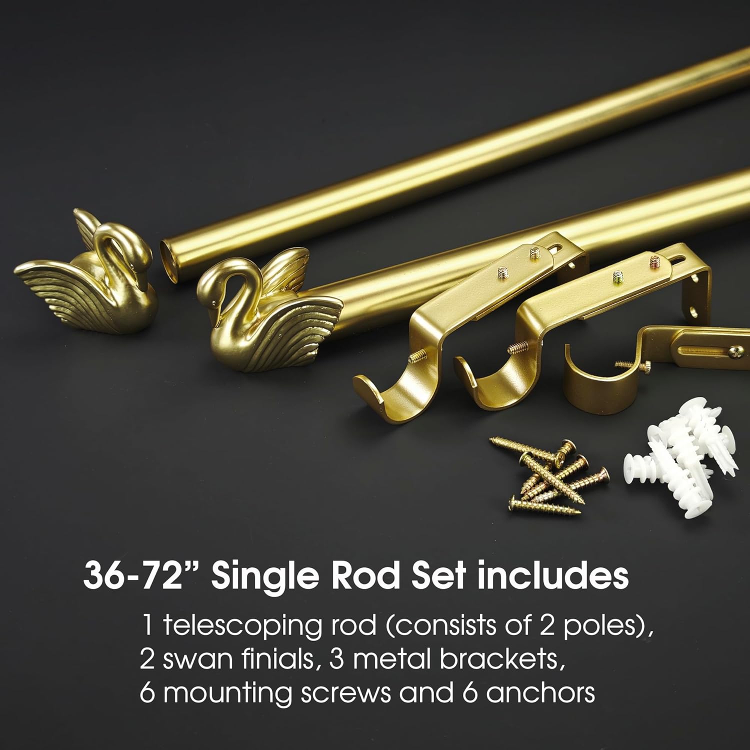 1-1/8 Inch Diameter Brushed Gold Curtain Rods with Swan Finial, 72-144'' Telescoping Single Curtain Rods for window width 68-140 inch, 1 pack