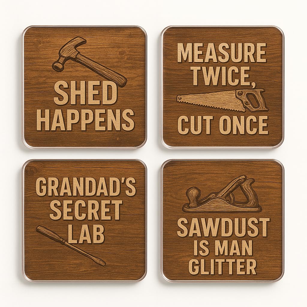 The Plum Penguin Shed Wisdom Acrylic Coaster Gift Set Of 4 With Humorous Tool Designs - Rustic Drinkware For Grandad's Man Cave Decor