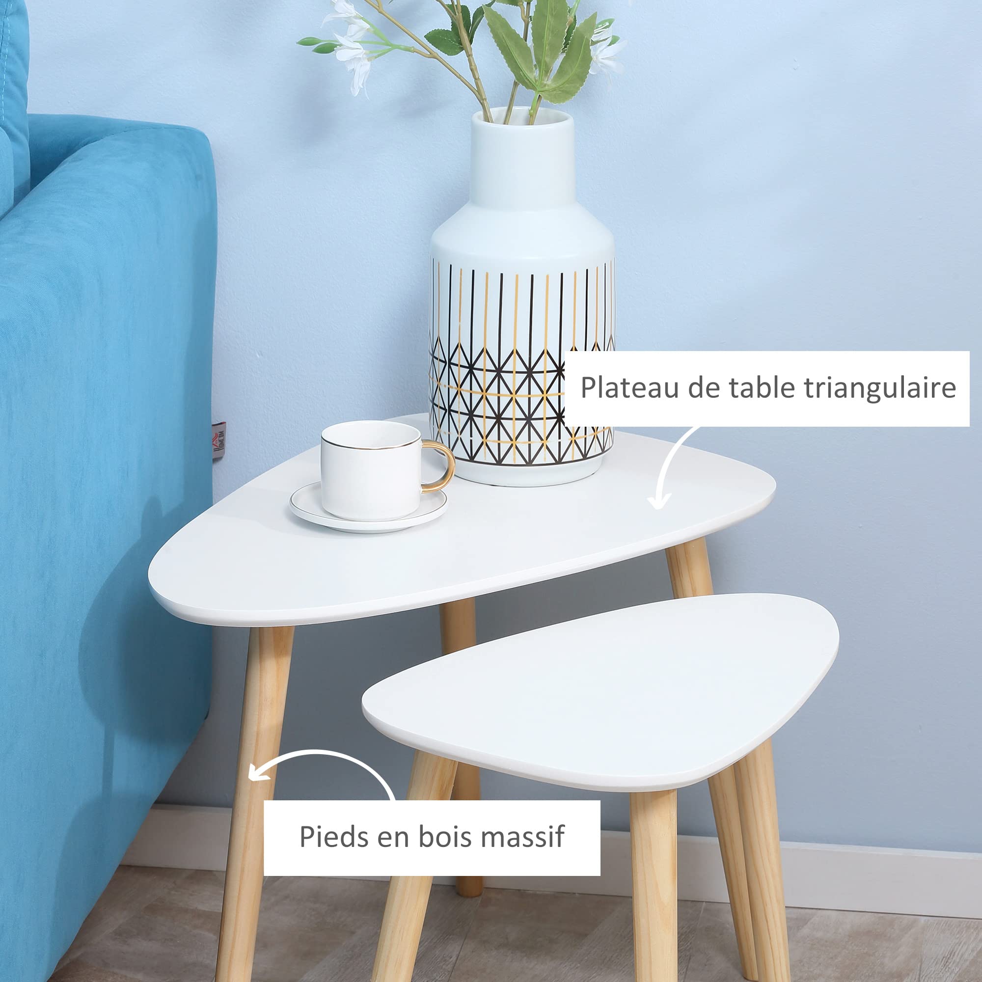 HOMCOM Lot de 2 Tables Basses gigognes Design scandinave Pieds en Bois et Plateau en Bois, Blanc