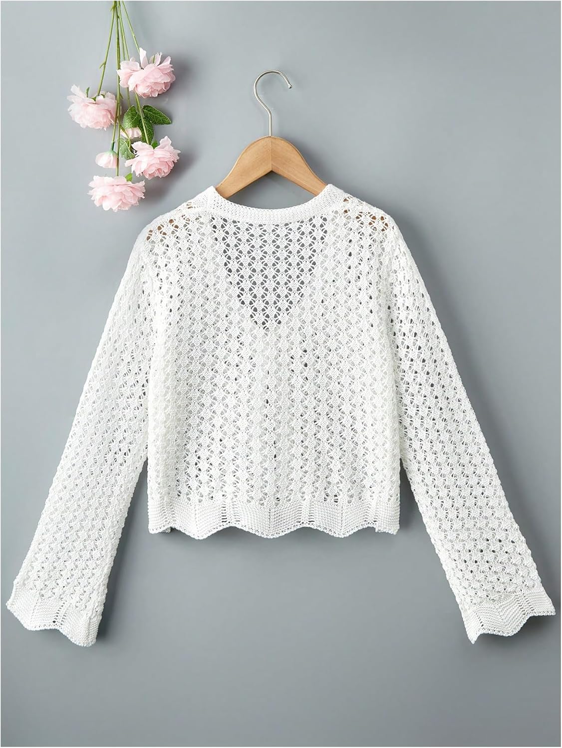GORGLITTER Girl's Crochet Cropped Cardigan Knit Tie Front Tops Cute Long Sleeve Bolero Shrug Lightweight Sweaters Trendy 2025 - Image 3