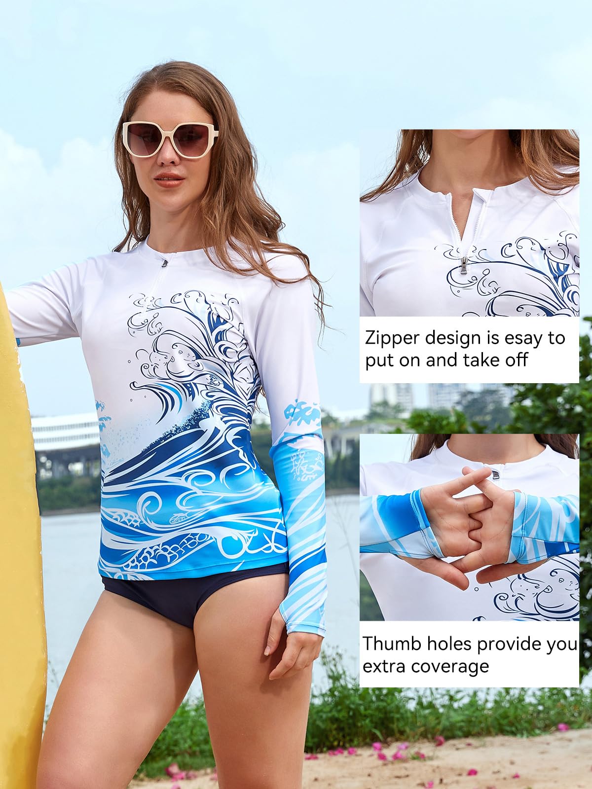 SHEKINI Haut de Maillot de Bain Femme à Manches Longues Tee Shirt Rashguard Demi-Fermeture Éclair Séchage Rapide Natation Surfing Impression Dégradée