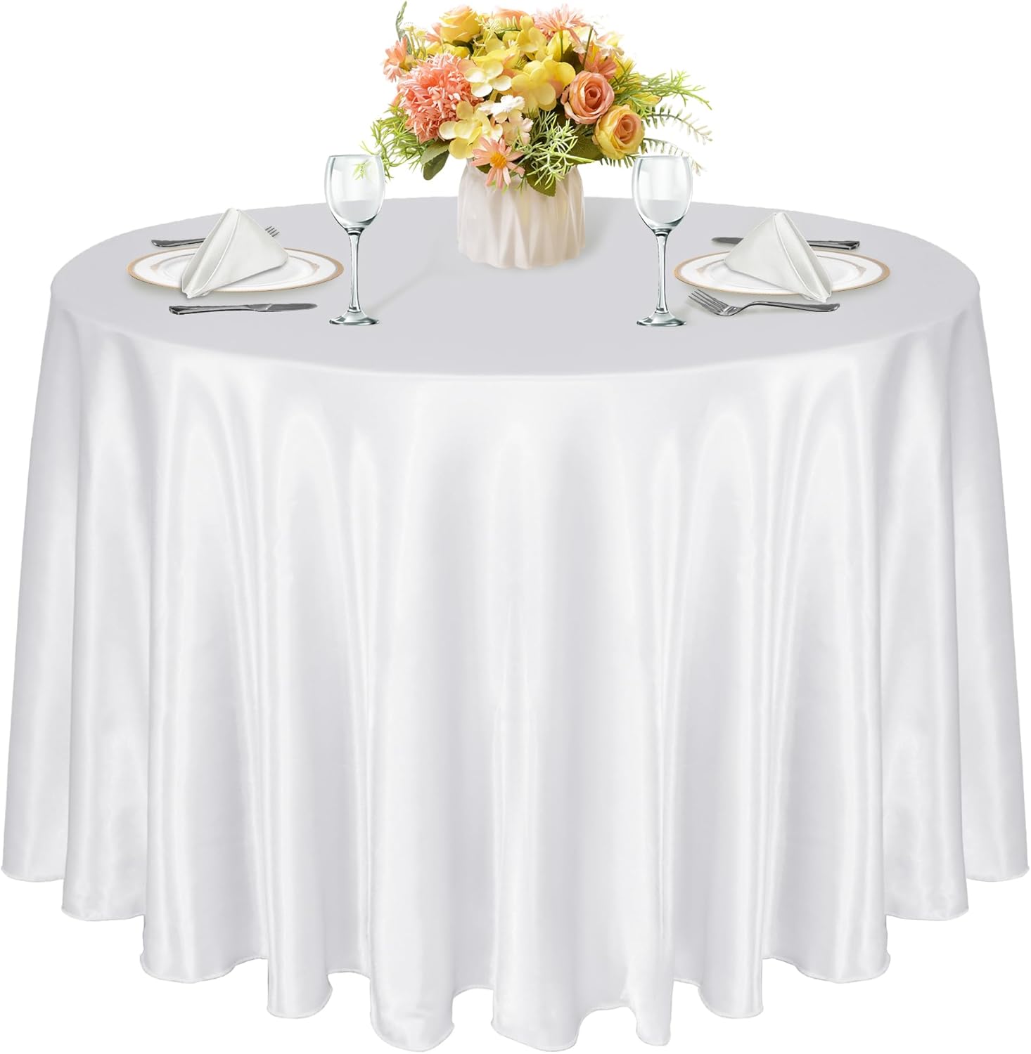 KKJIAF 1 Pack 120 Inch Round Tablecloth Satin White Round Table Cover, Silky Satin Dining Table Cloth for Wedding, Party, Banquet, Restaurant, Formal Events