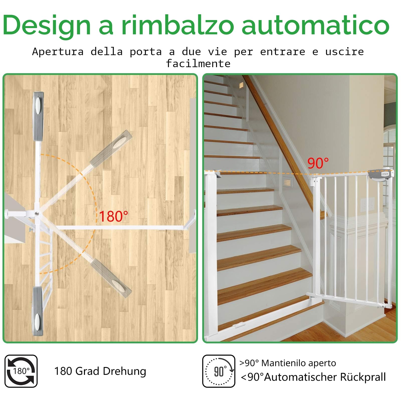 LARS360 Barriera di protezione per scale, senza foratura, estensibile, apertura con una sola mano e chiusura automatica, in metallo, per neonati e animali domestici, 105-115 cm, bianco