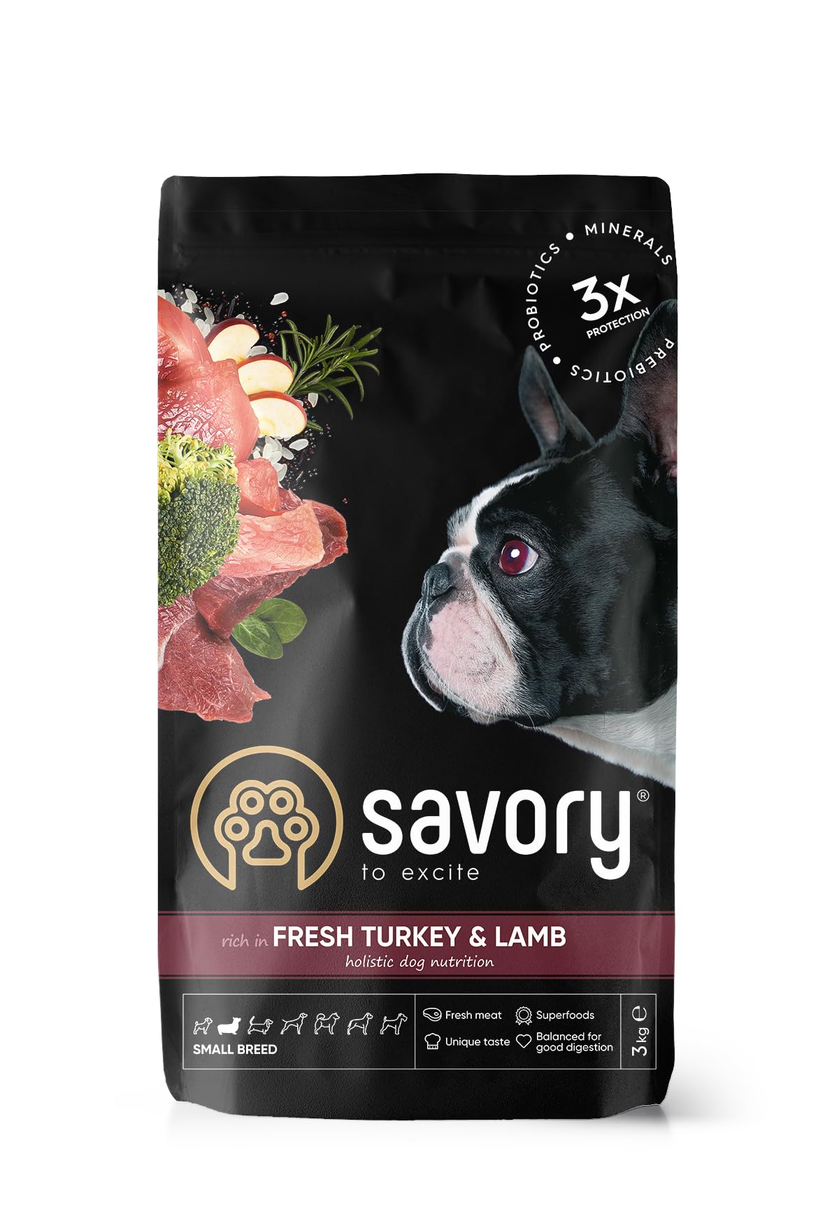 Savory - Cibo secco per cani - Razza piccola - Tacchino e agnello freschi - a base di carne fresca essiccata, con Vit. A, D3, E, C - (2 x 3 kg)