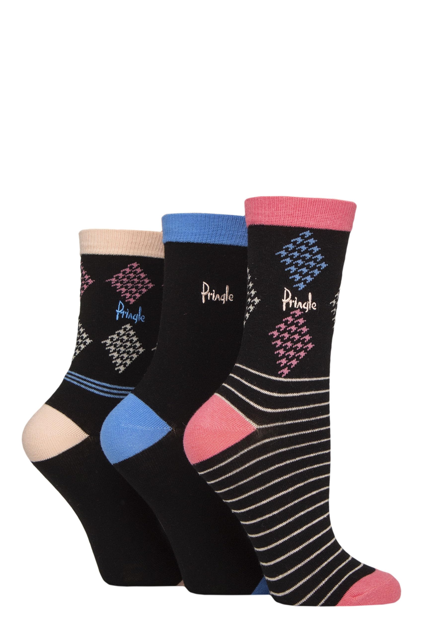 Pringle Ladies Patterned Cotton and Recycled Polyester Socks Pack of 3 (UK, Numeric, 4, 8, Regular, Regular, Black Diamond/Stripe)