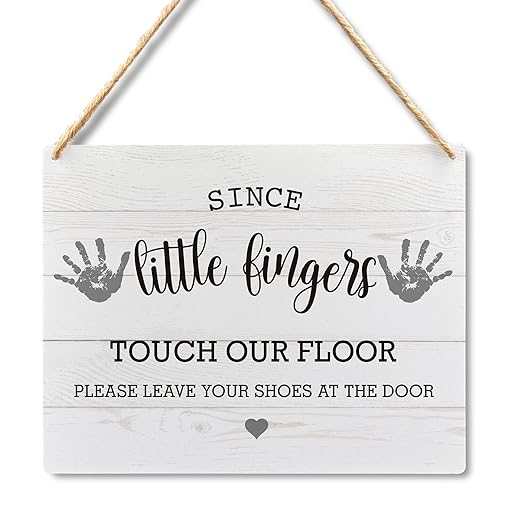 Wall Pediments Shoes Off Sign,Shoes Off Sign for Front Door,Since Little Fingers Touch Our Floor Door Sign,Please Take Your Shoes Off Sign,Shoes Off Hanging Welcome Sign for Front Door,10x8 Inches
