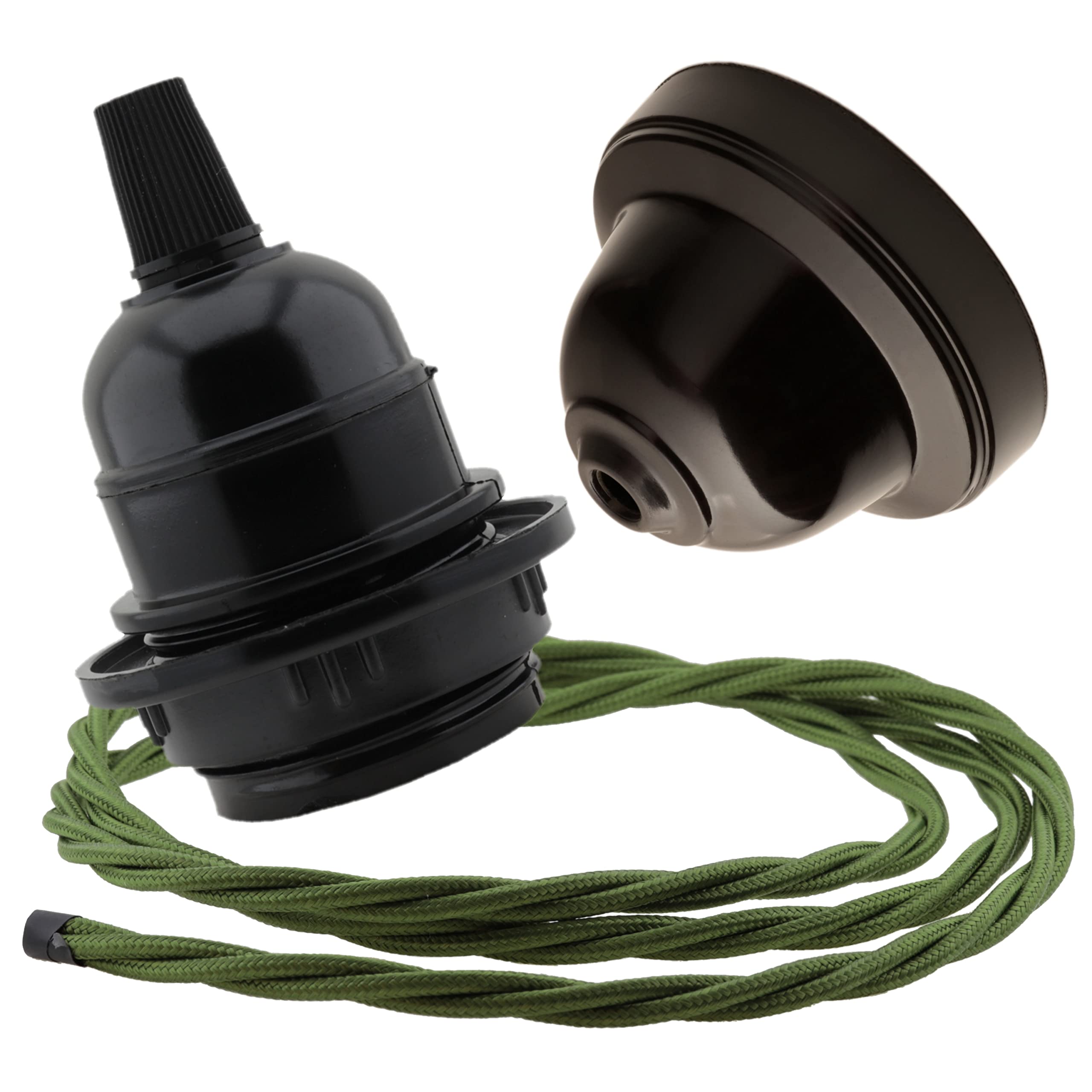Repaireum Ltd. Pendant Kit with Brown Bakelite Ceiling Cup E27 Black Bakelite Lampholder and Green Flex