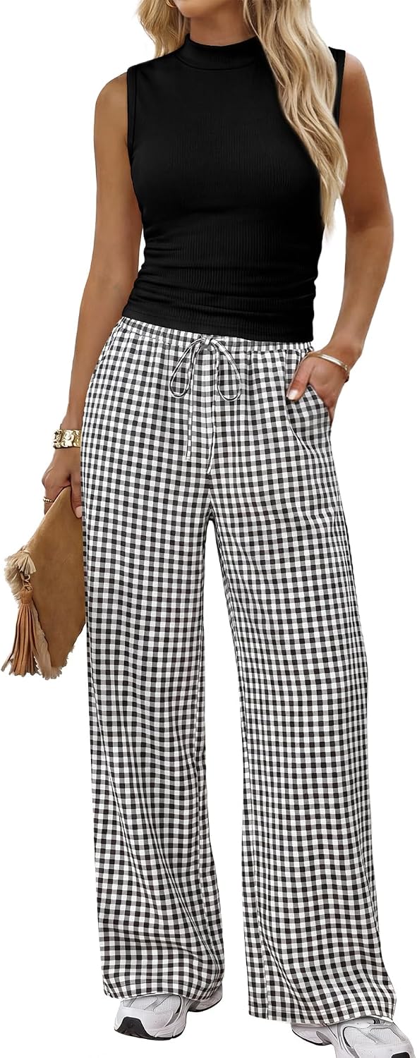 Sampeel Two Piece Set for Women Summer Outfits Vacation Clothes Trendy Lounge Sets Mock Neck Matching Women Clothing