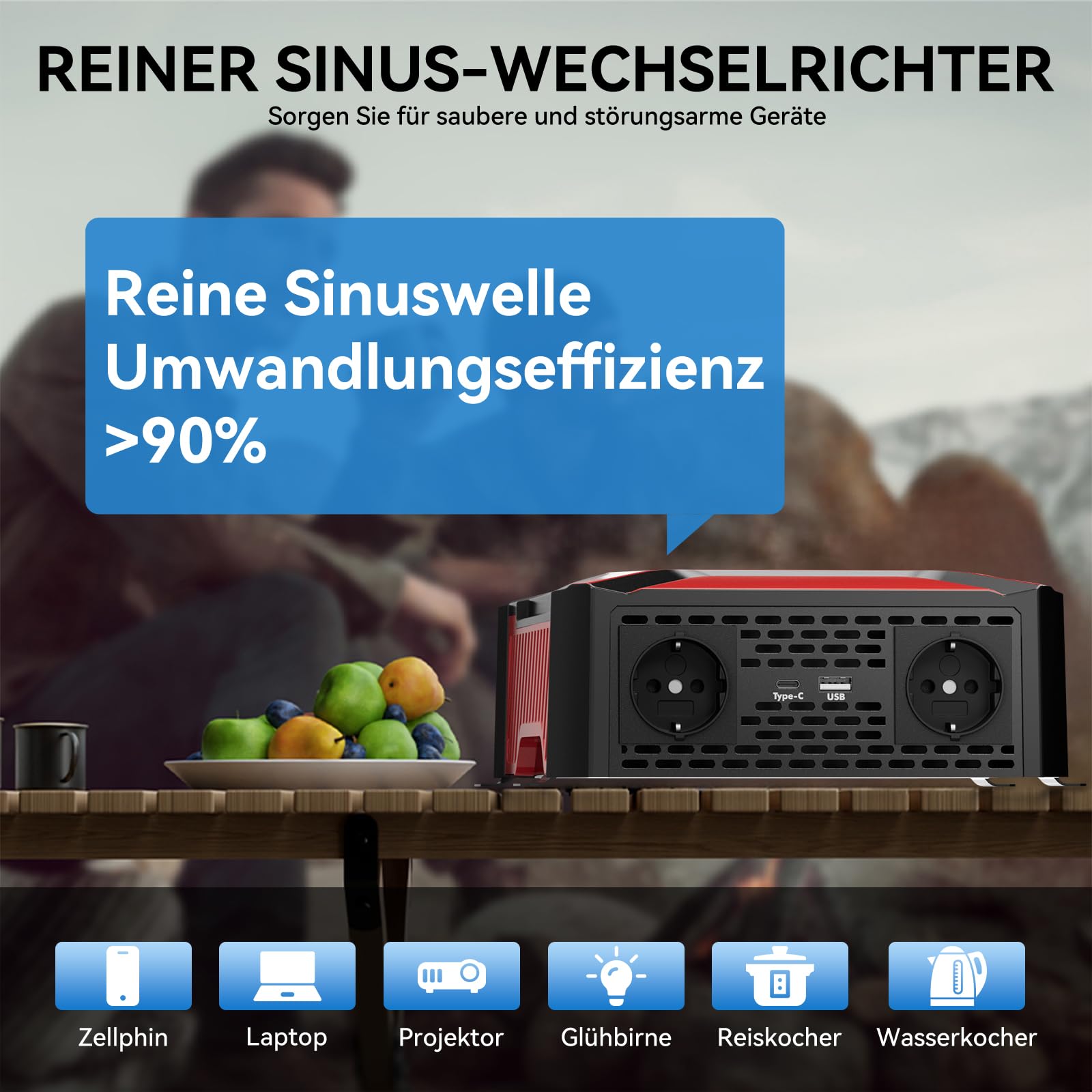 1000W/2000W Reiner Sinus Wechselrichter für 12V & 24V auf 230V, Spitzenleistung 2400W/4600W, Spannungswandler mit LCD Display, Intelligente Schutzfunktionen, 2 EU Steckdosen