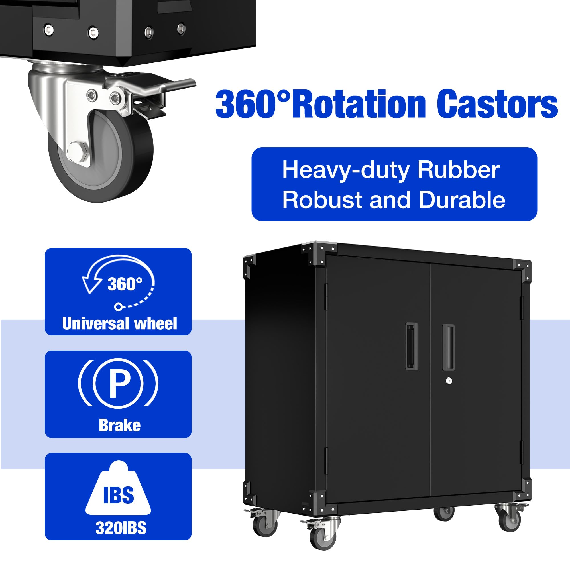Supeer Armoire à outils avec roues, en métal, avec 2 portes et étagères réglables, armoire en acier, avec serrure, pour garage, maison et bureau - 4
